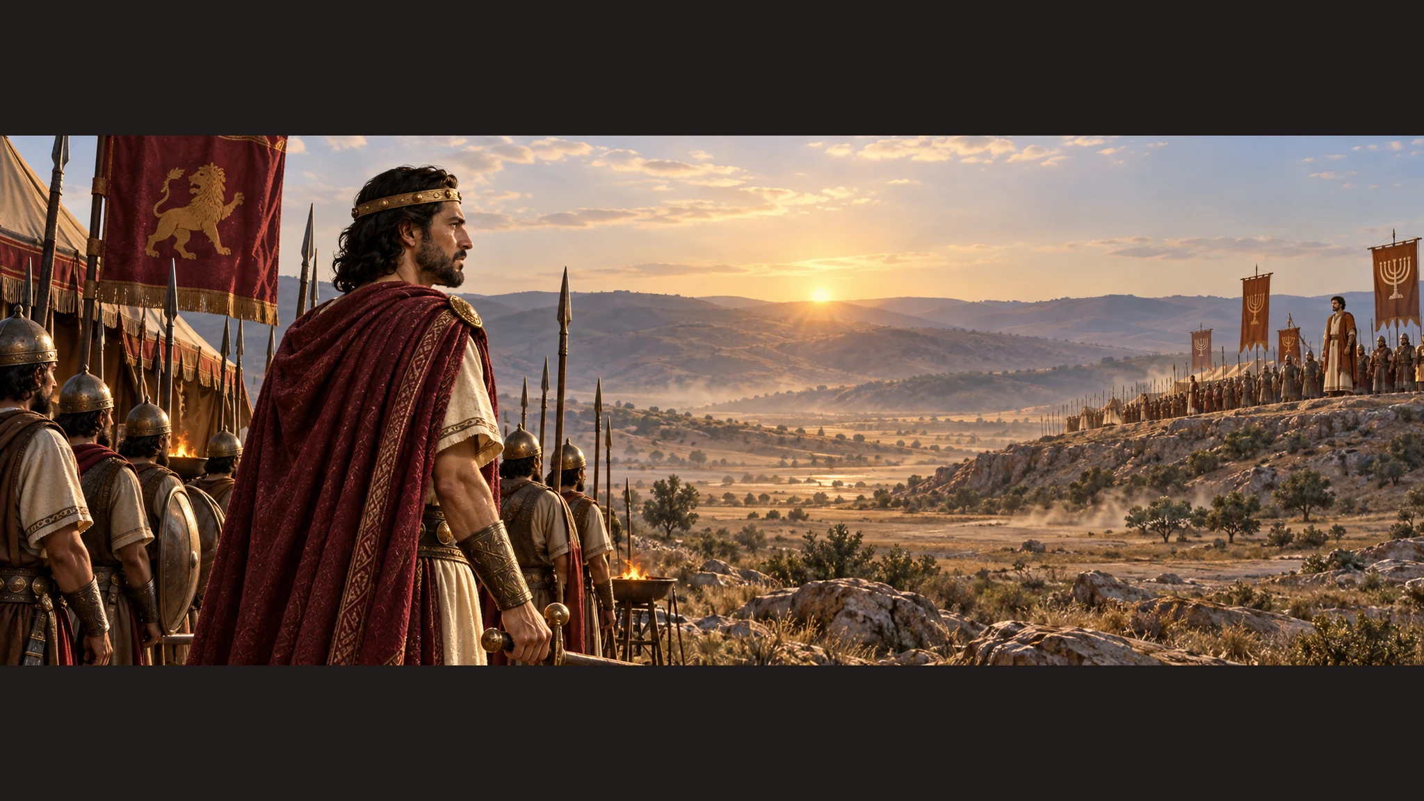 Jehoash of Israel in wine-red stands at one encampment while Amaziah of Judah in copper-brown appears at an opposing encampment across a broad valley; no combat.