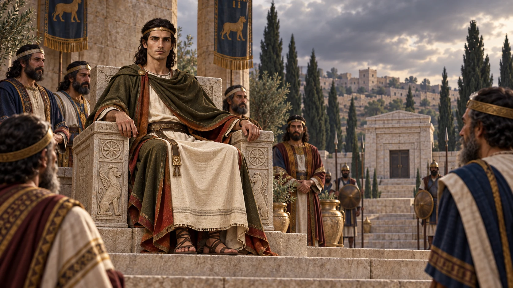 Jeroboam II, young and clean-shaven in olive mantle, takes the throne in Samaria as a closed royal tomb stands in the distance.
