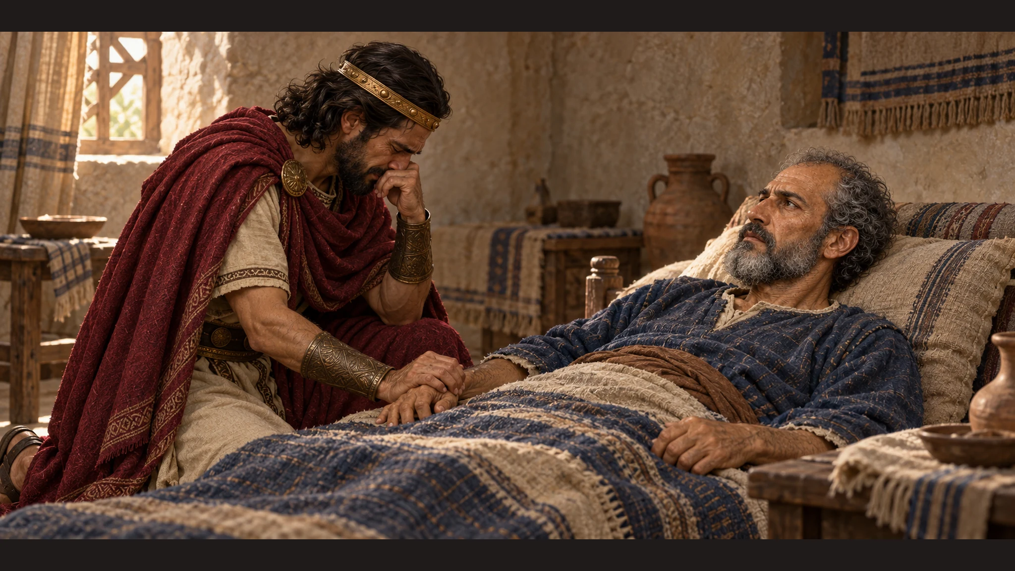 Aged Elisha rests on a low bed in a simple chamber; Jehoash of Israel kneels and weeps beside him, the king's wine-red mantle contrasting Elisha's faded indigo.