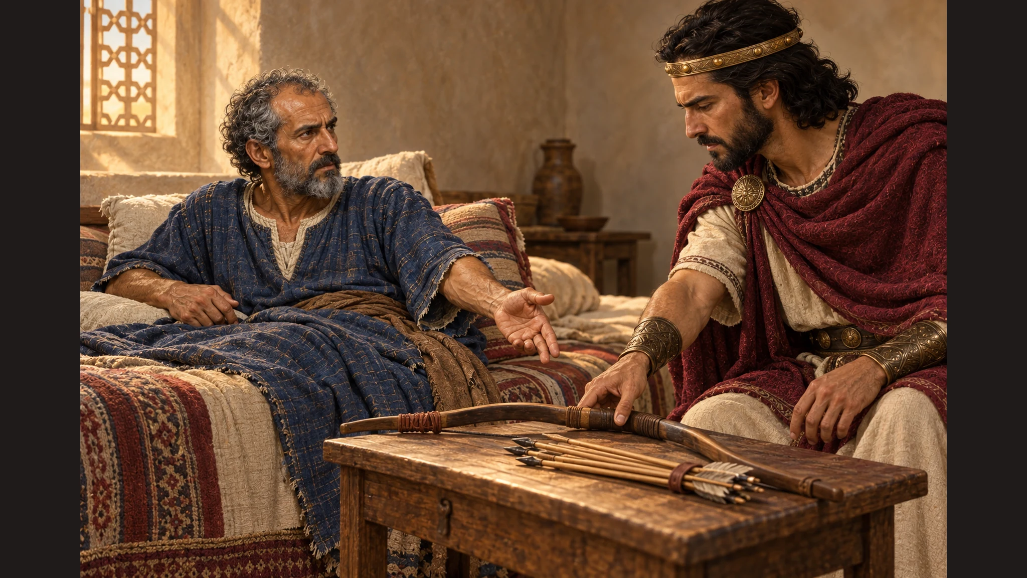 Elisha gestures from his sickbed to a plain wooden bow and a small bundle of arrows; Jehoash reaches to lift them.