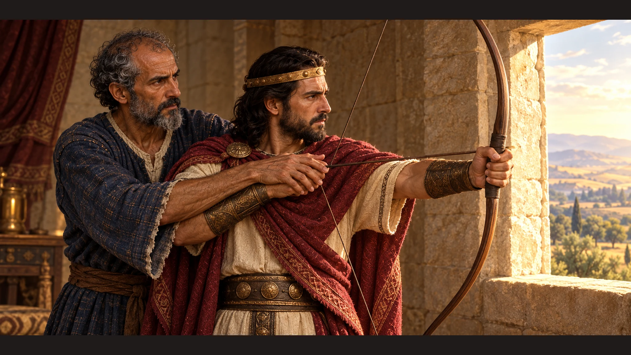 Close, intimate view of Jehoash gripping the drawn bow while frail Elisha lays his hands over the king's, both faces focused; safe arrow direction.