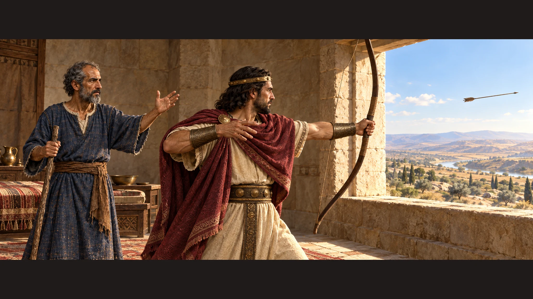Jehoash releases one arrow through an open east-facing window into the bright distance; Elisha watches from behind, no lettering or literal divine figure.