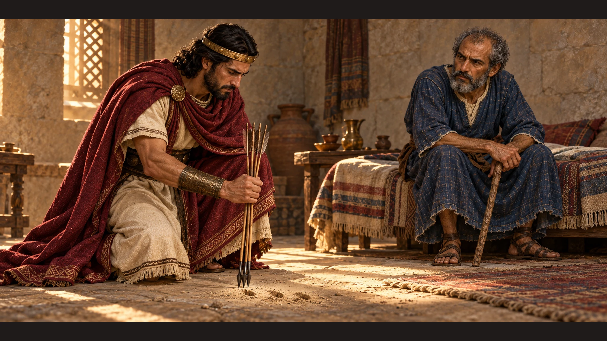 Jehoash kneels beside Elisha's bed and taps a bundle of arrows against the stone floor three times, pausing afterward; arrows intact and no writing.