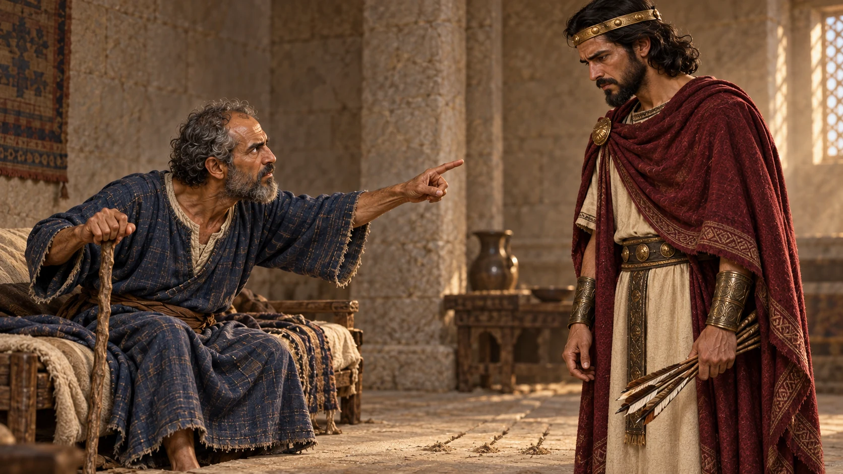 Elisha, frail but fierce, rebukes Jehoash beside the three arrows on the floor; the king looks chastened, with no additional strikes depicted.