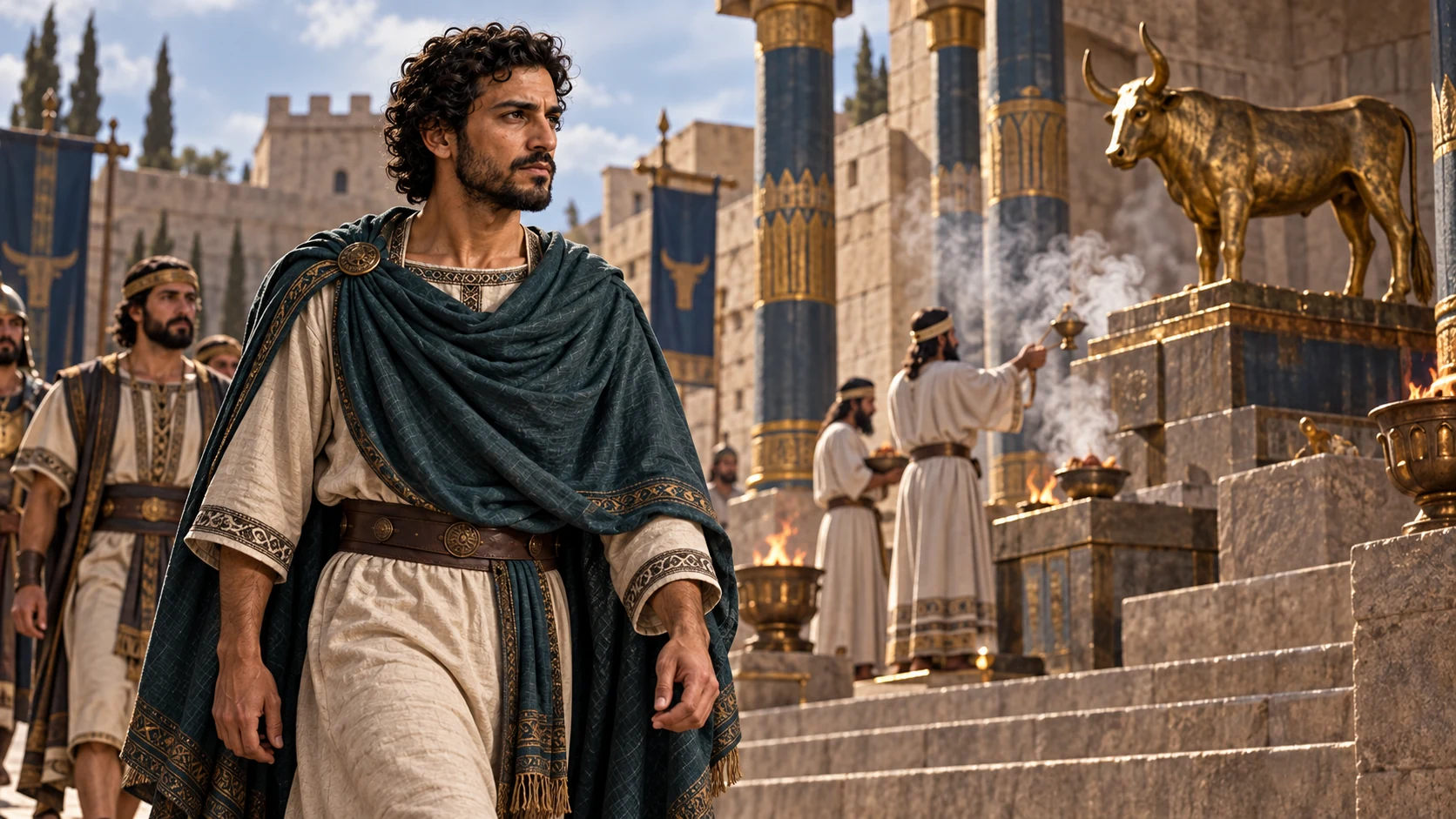 Jehoahaz passes the royal sanctuary of the northern kingdom without turning from its established worship; a solemn political scene, no divine figure.