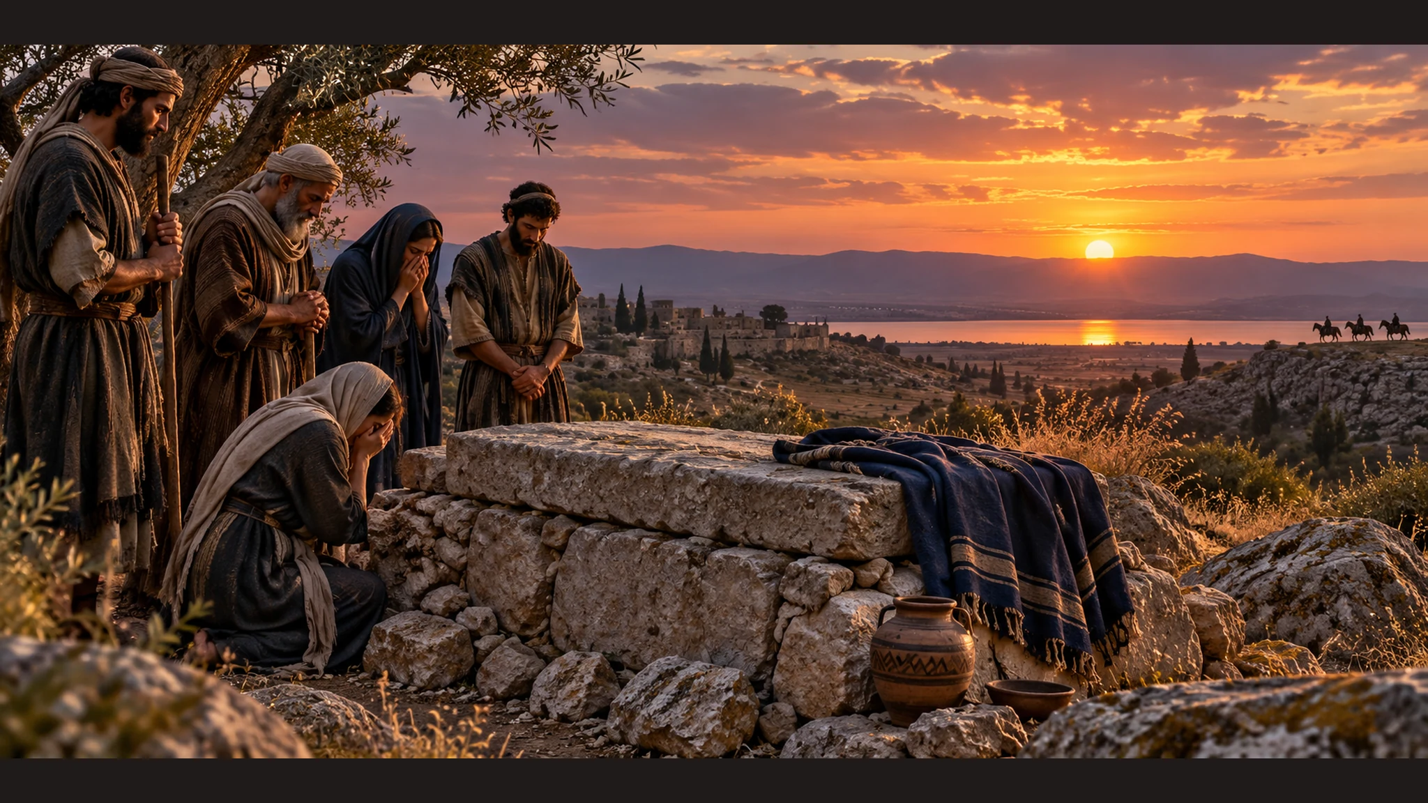 Mourners stand beside Elisha’s newly sealed stone tomb at dusk; his indigo mantle lies folded nearby, and distant riders appear on the horizon.