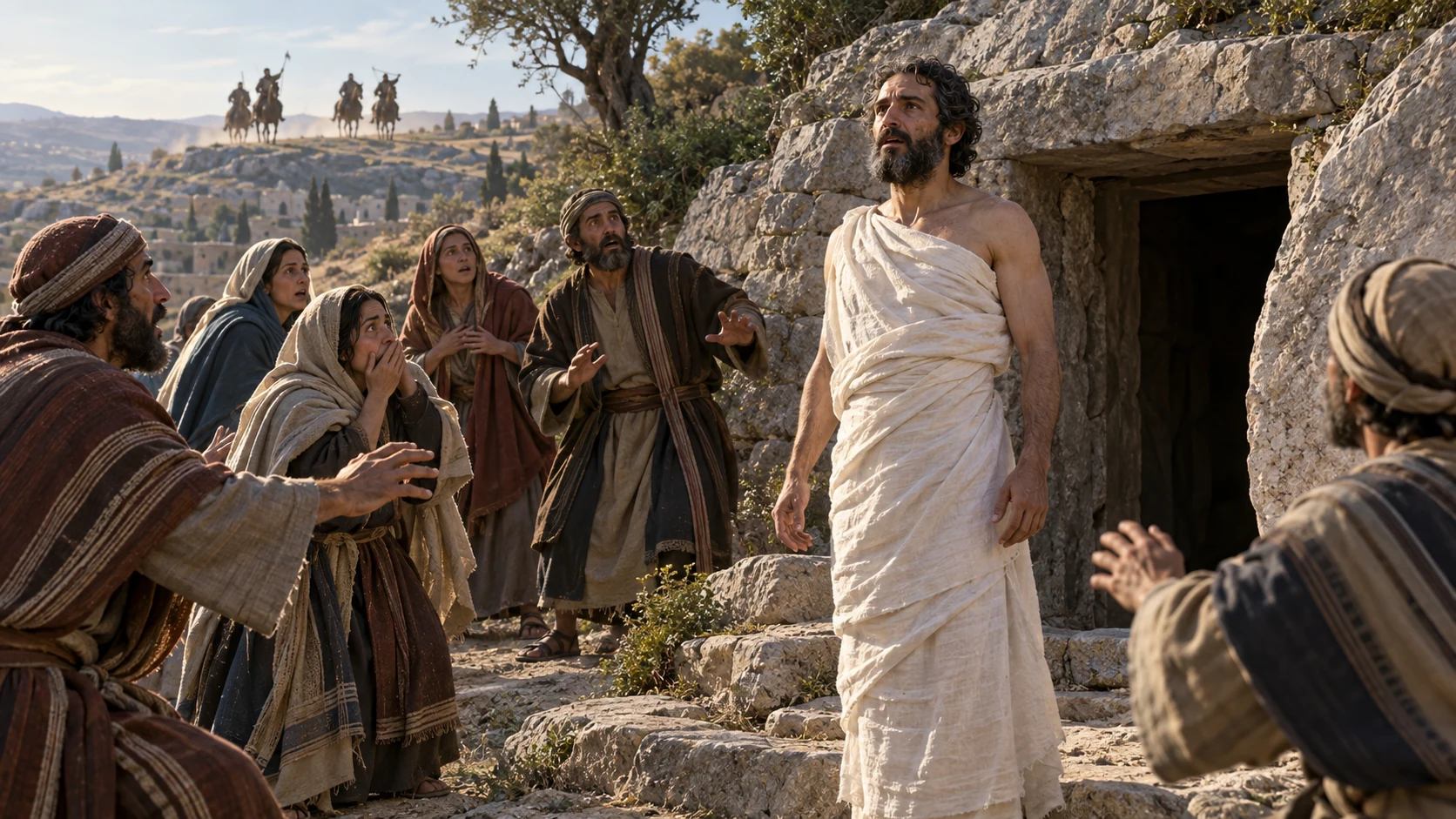 At Elisha’s stone tomb, a man who has returned to life stands upright in a linen wrap while fully clothed mourners react in astonishment; raiders remain distant.