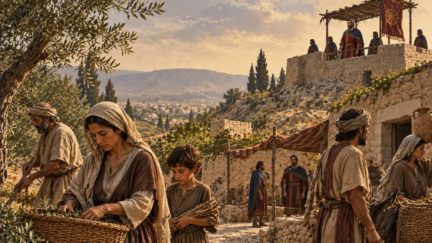 A wide view of Israelite villages under Aramean occupation, Hazael's banner at a distant fort and families enduring the years.