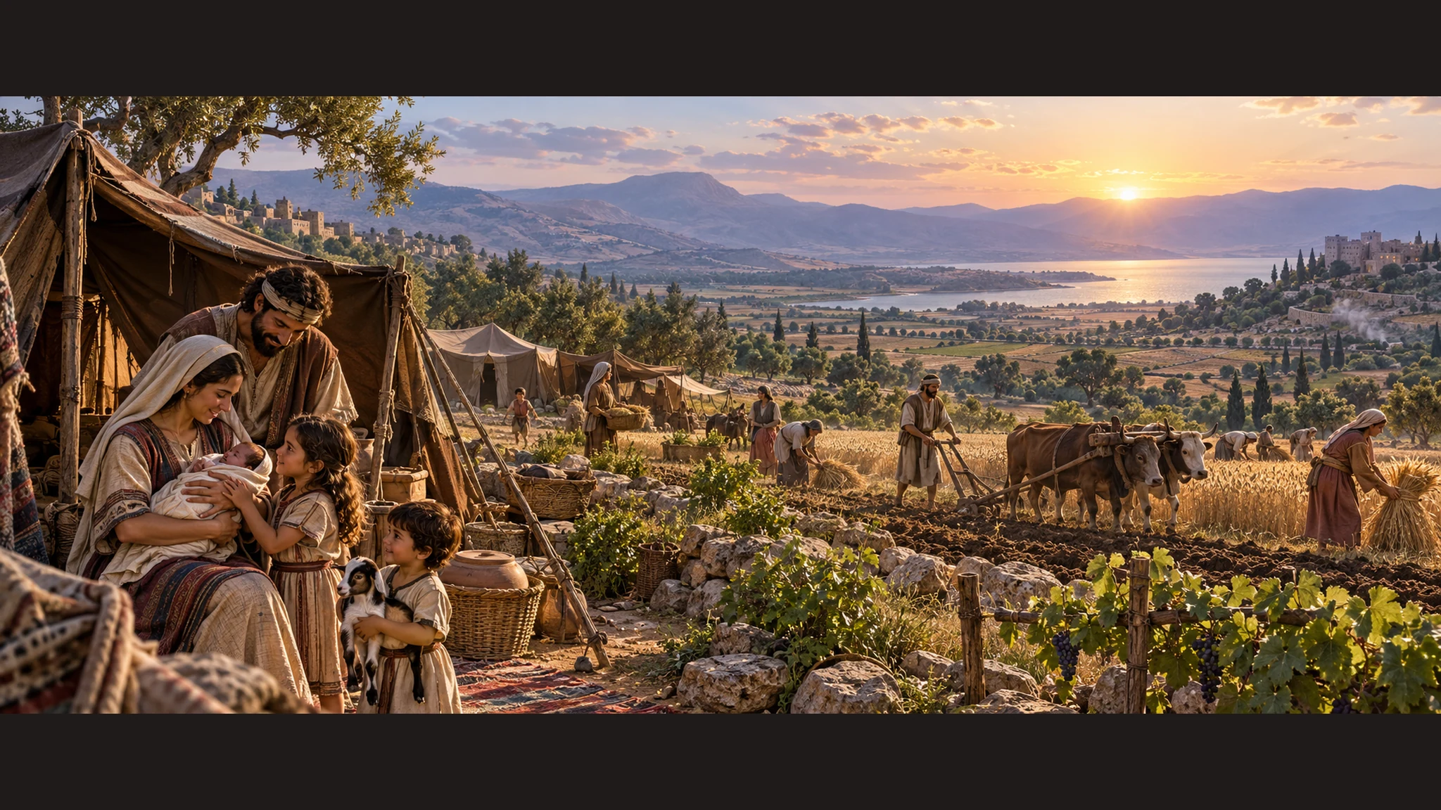 Warm dawn light over surviving Israelite families in their fields and tents after hardship; suggest mercy through human resilience and landscape, no embodied deity.