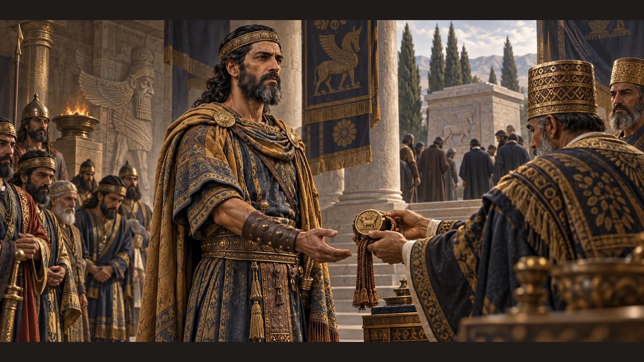 Ben-hadad in ochre and slate blue receives a royal seal at the Aramean court after Hazael’s death, with a closed tomb and mourners in the distance.