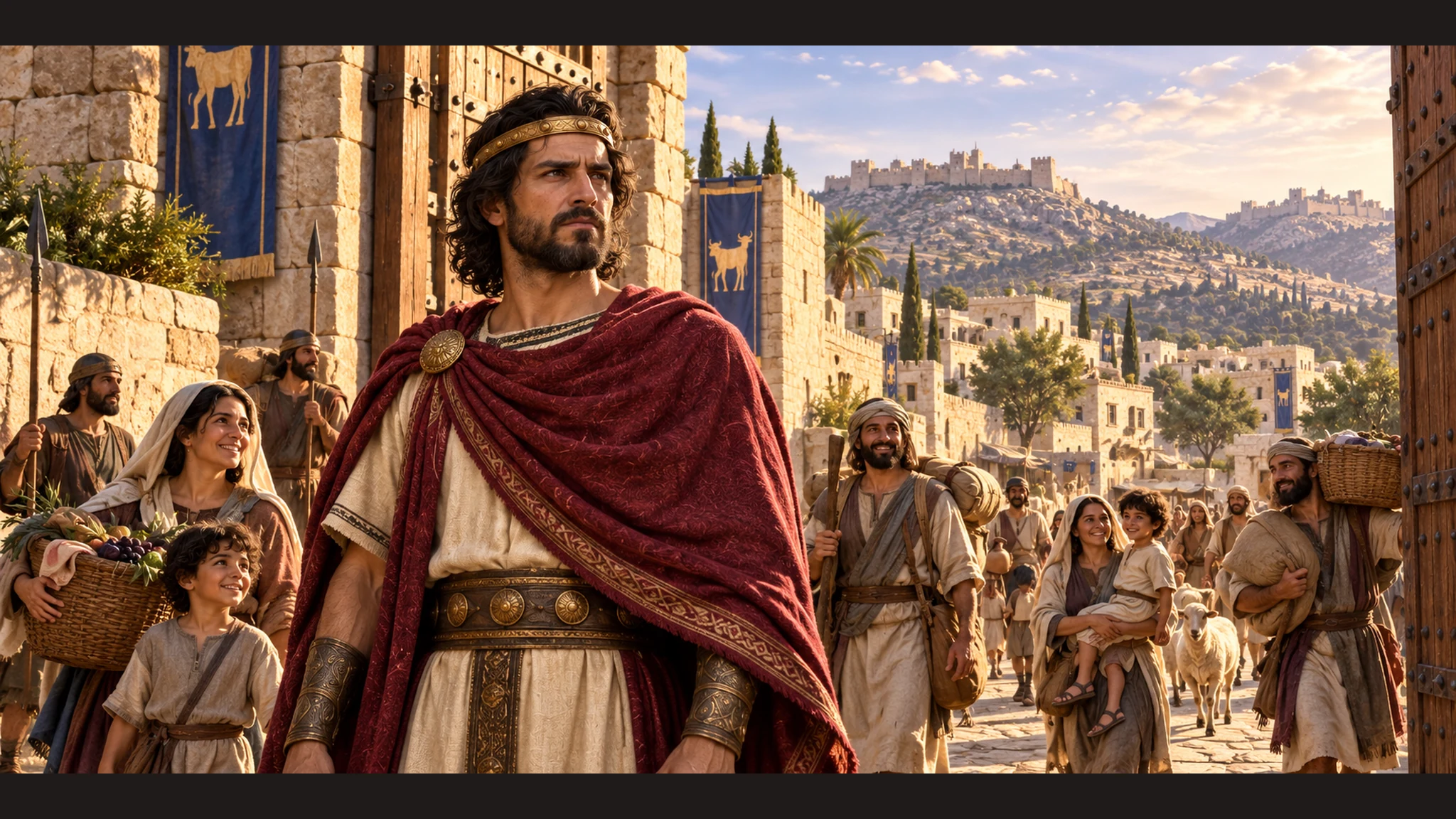 Jehoash of Israel stands at the open gate of a restored Israelite city as its residents return; three distant city silhouettes evoke the repeated victories without text or violent spectacle.