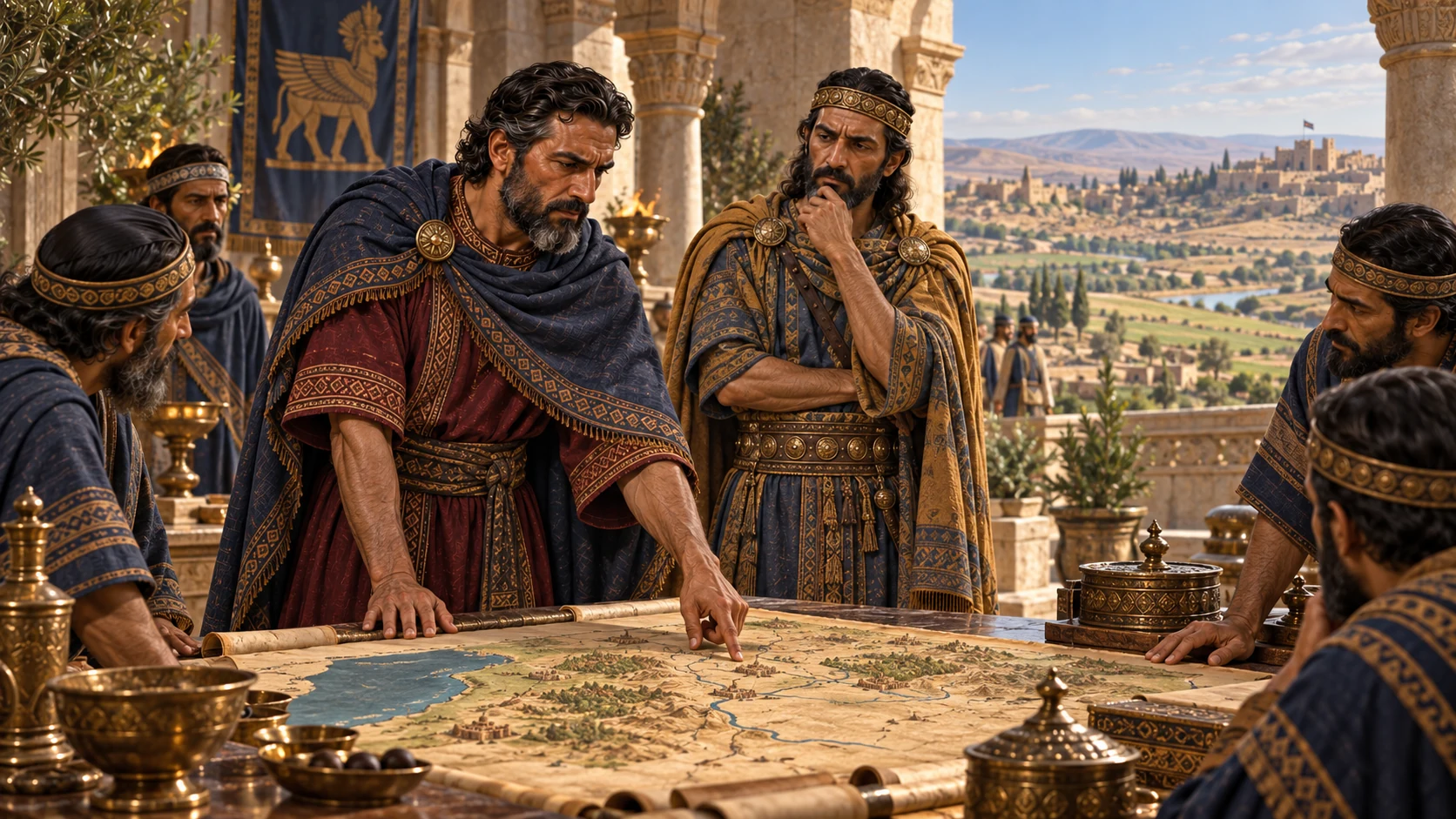 Hazael and Ben-hadad study northern Israel in an Aramean palace courtyard; the kingdom lies under their pressure, shown through a quiet occupied border beyond the arch.