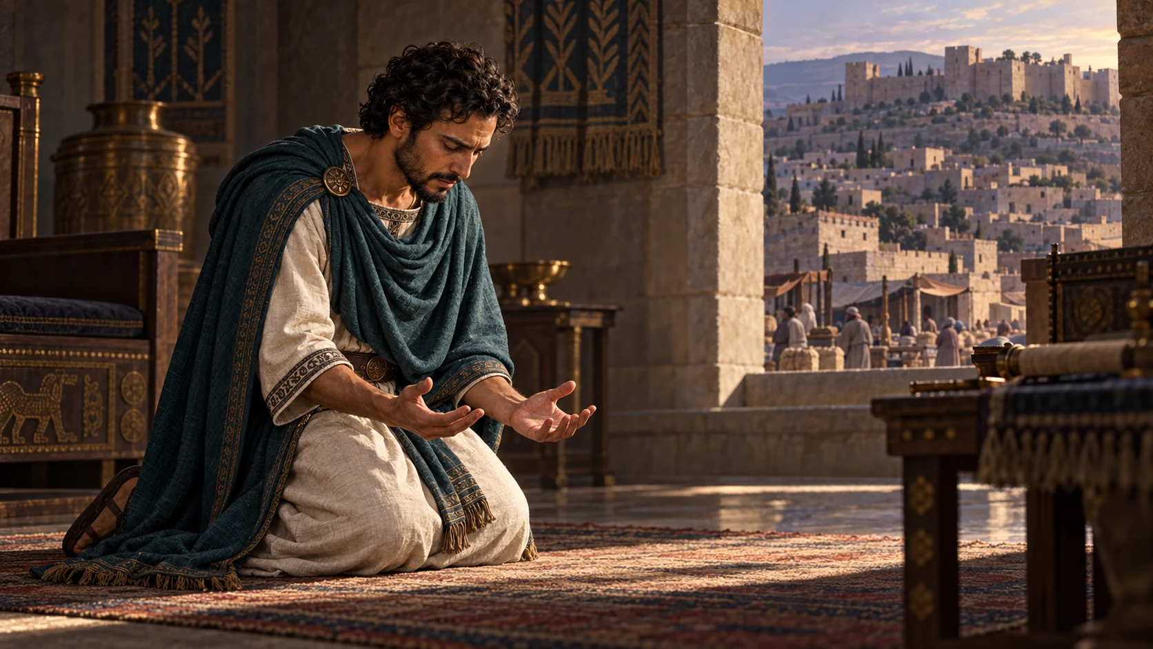 Jehoahaz kneels alone in a shadowed chamber, hands open in urgent prayer, with the suffering city visible through the window; no visible deity.