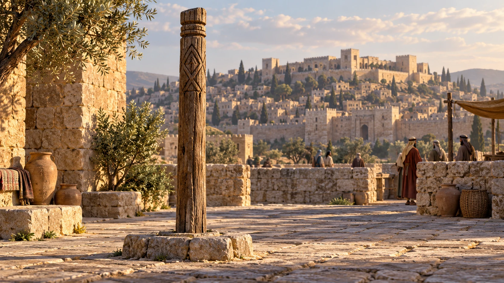 A simple carved wooden pole remains standing in a Samarian courtyard, with fully clothed townspeople at a distance; old practice continues.