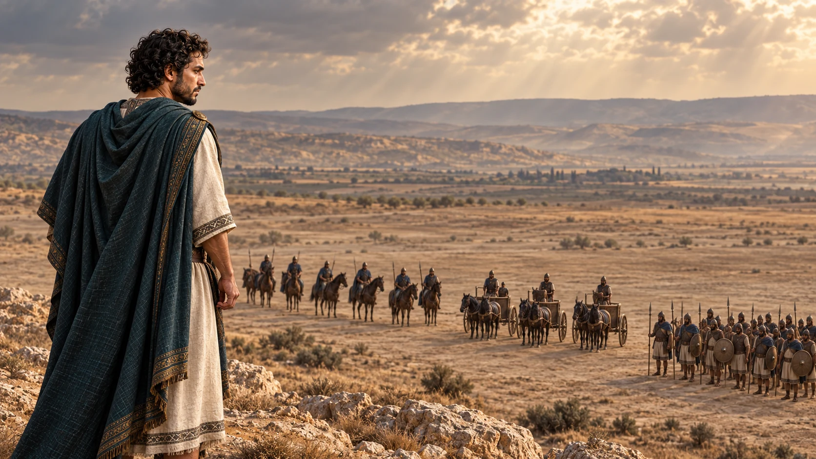 Jehoahaz surveys a small remnant of horsemen, chariots, and infantry from a ridge over a wide empty plain; exact counts remain in the verse card.