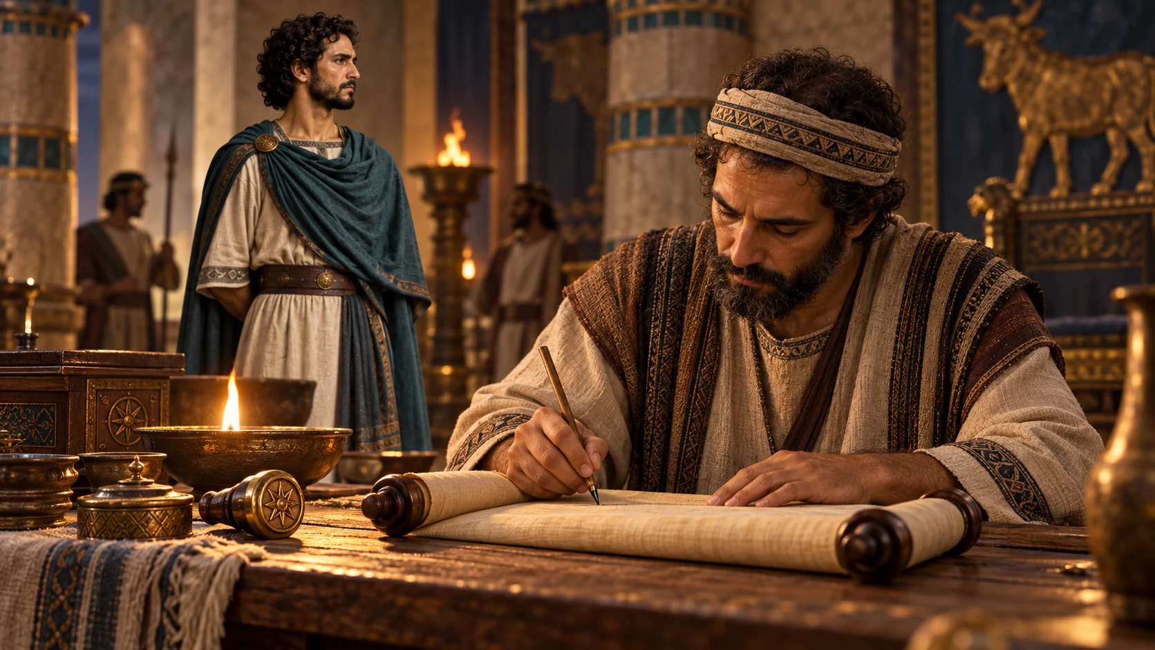 A Samarian court scribe records Jehoahaz's reign on a scroll beside a weathered royal seal, with no legible generated script.