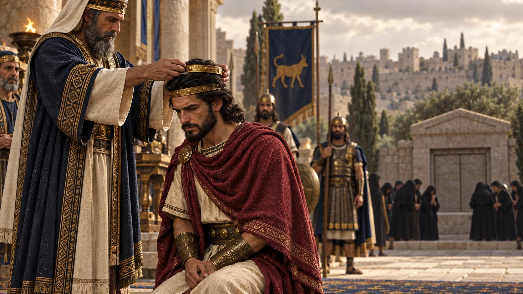 Jehoash son of Jehoahaz receives the royal circlet in a solemn Samarian courtyard while mourners stand near a closed tomb.