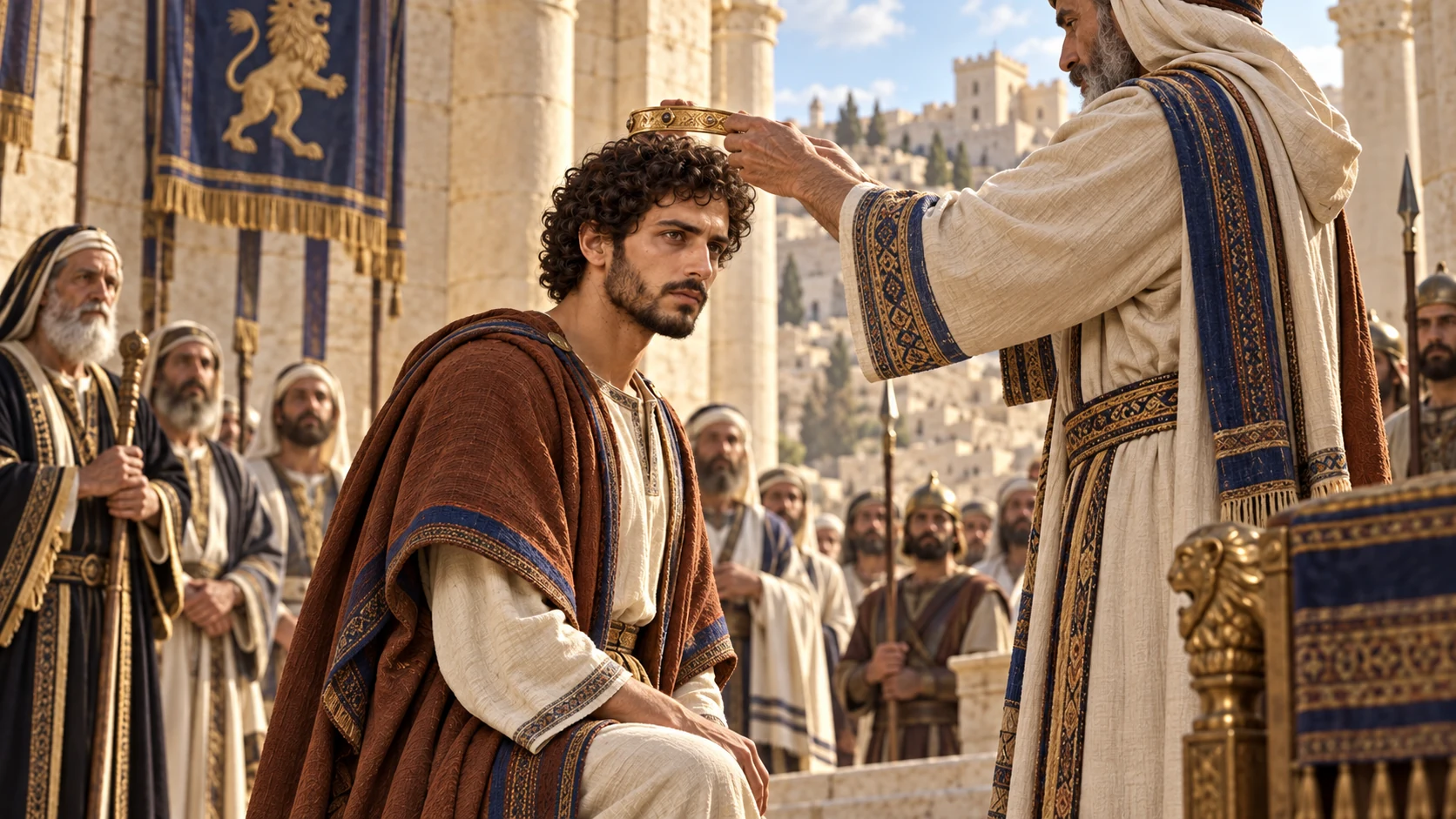 Amaziah with dark curls and copper-brown mantle receives Judah’s narrow circlet in Jerusalem; across a distant political map Jehoash of Israel is already reigning in Samaria.
