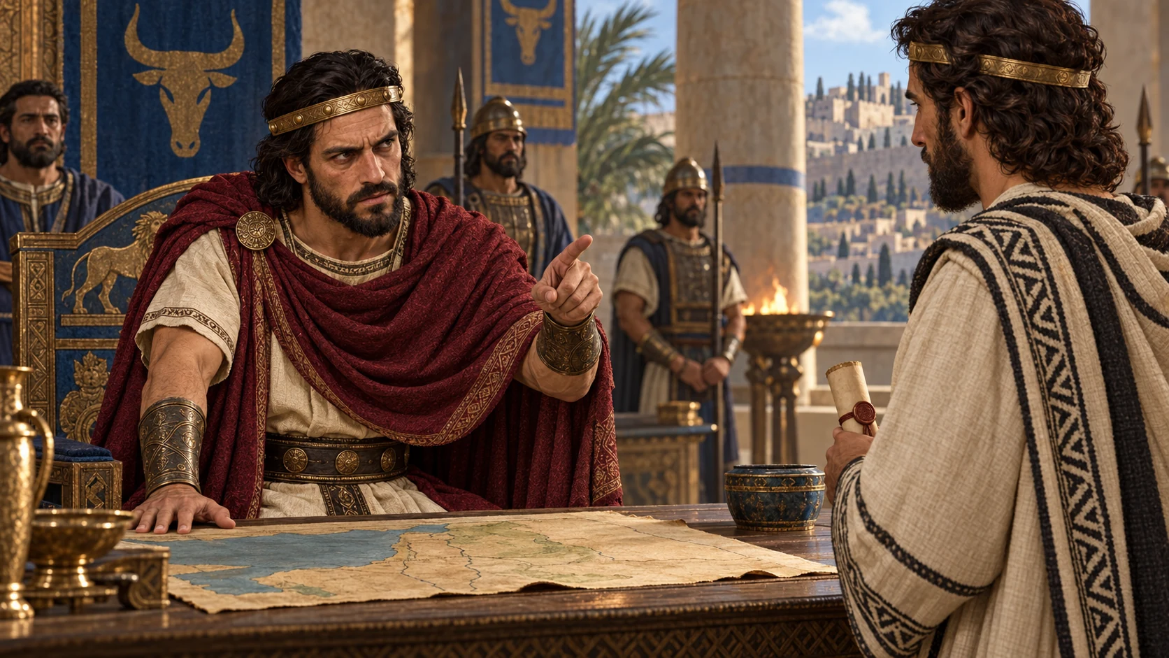 Jehoash of Israel in wine-red speaks sternly to Amaziah’s messenger in Samaria while a map of Judah lies on the table; no invented face-to-face meeting.