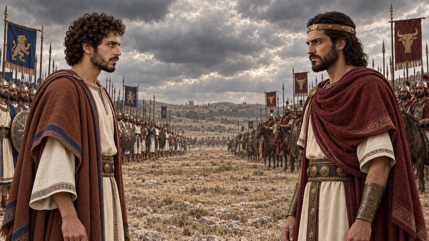 Amaziah of Judah and Jehoash of Israel lead separate forces toward an open valley near Beth-shemesh, each in their established mantle, before the clash.