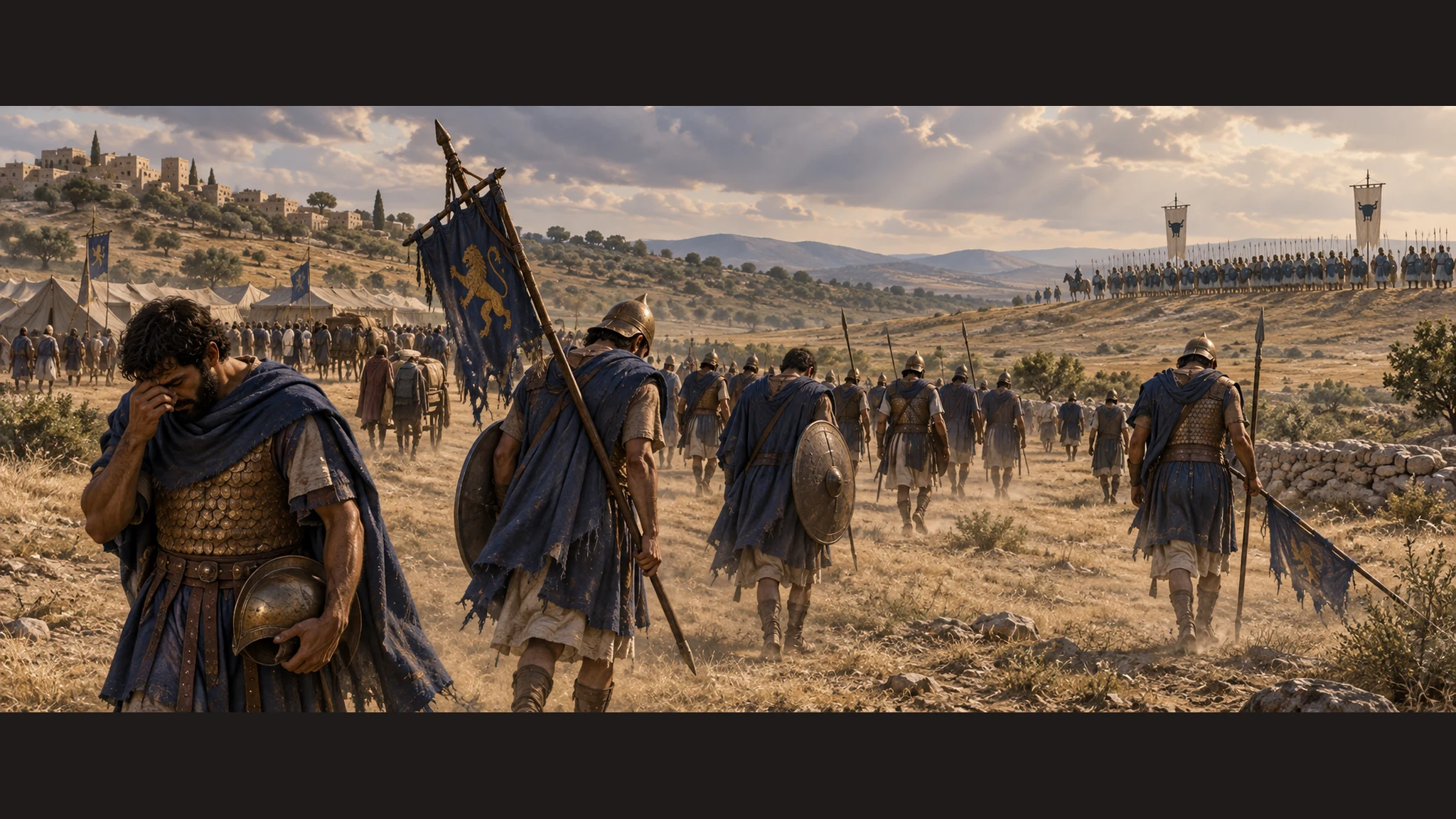 Judean soldiers retreat across a broad field toward their tents after defeat, with abandoned standards and no bodies or graphic combat.