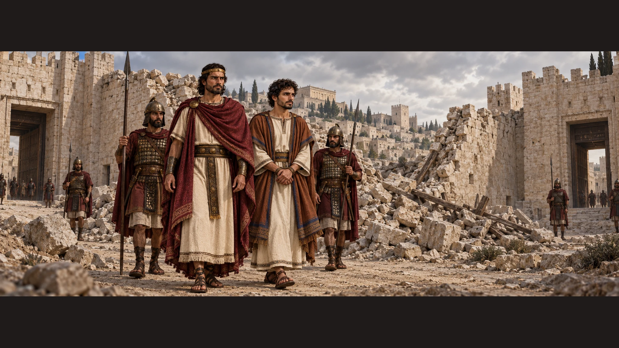 Jehoash of Israel holds captive Amaziah under guard near the breached stretch of Jerusalem wall between two gates; workers and rubble show damage without violence.