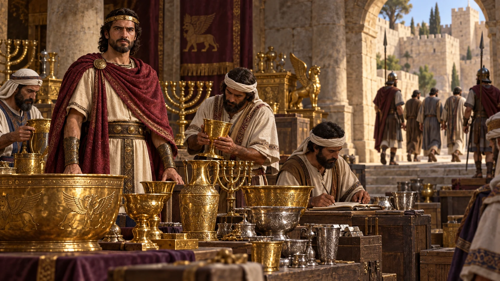 Israelite officials inventory gold, silver, and vessels from Jerusalem treasuries as a restrained group of hostages departs under escort; no cruelty.