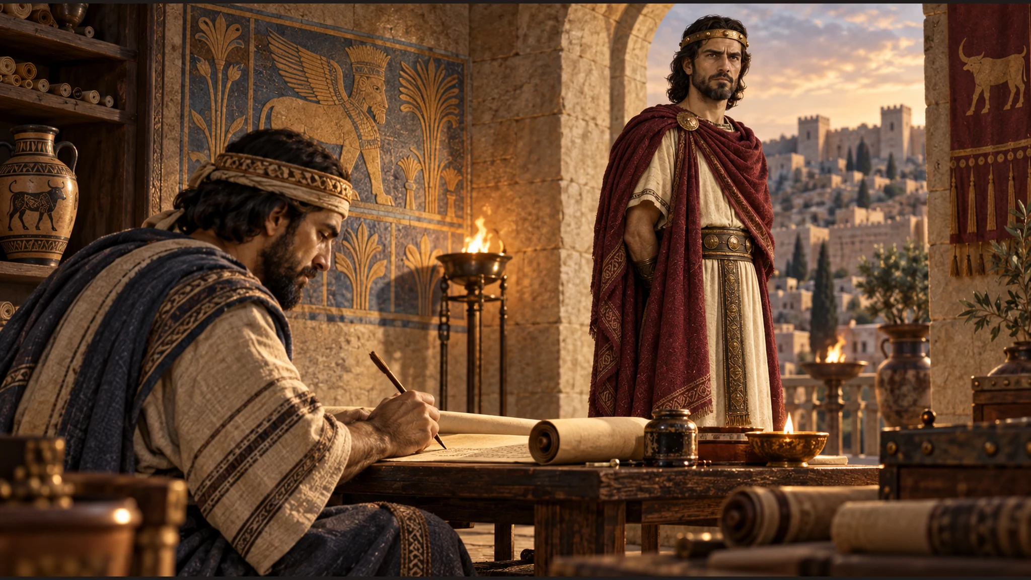 A Samarian scribe records the deeds of Jehoash of Israel at a low table, the king in wine-red at a distance, with no legible generated writing.