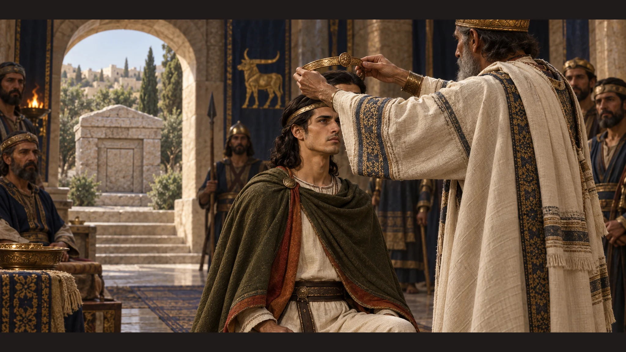 A dignified closed tomb for Jehoash stands beyond the court as young Jeroboam II in olive mantle takes the throne; no body visible.