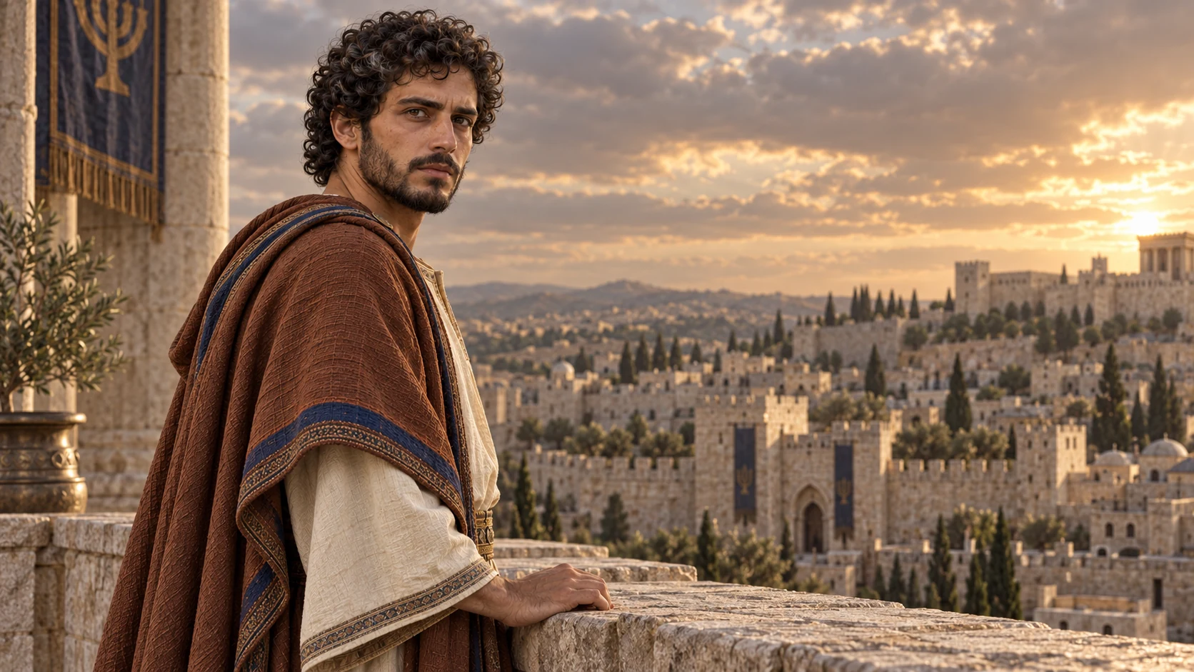 Older Amaziah walks Jerusalem’s palace terrace after news of Jehoash’s death, showing endurance without a numeric inscription.