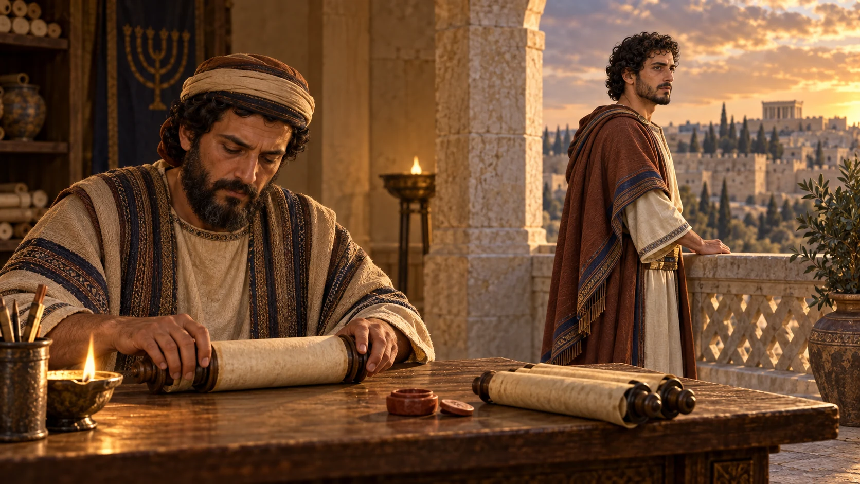 A Jerusalem court scribe closes an unlettered scroll of Amaziah’s reign while the copper-brown king appears beyond an arch.