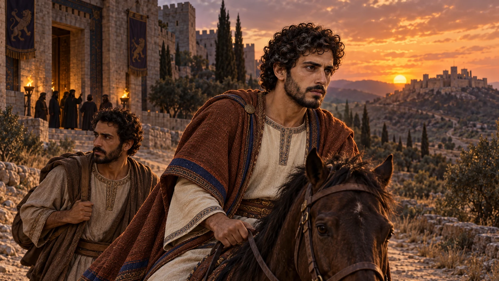 Amaziah travels toward Lachish on a quiet road under dusk light while conspirators gather in Jerusalem behind him; his later death is implied, not shown.