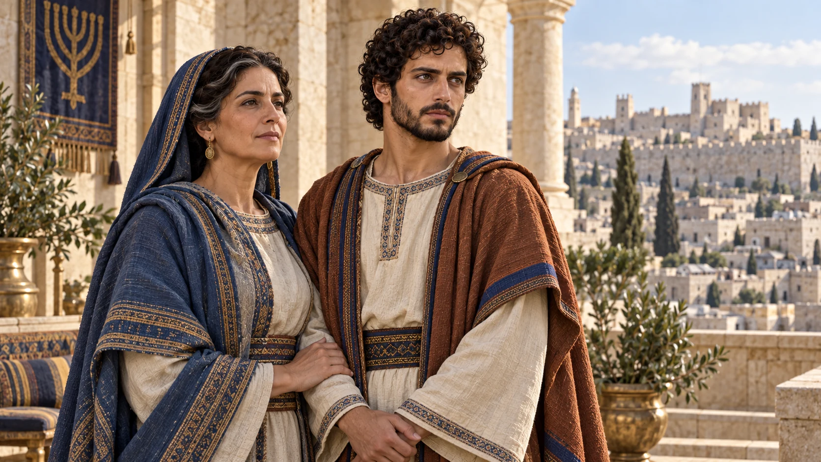 Amaziah, twenty-five, stands with his mother Jehoaddin in a sunlit Jerusalem palace court; the city spreads beyond, with no generated numbers.