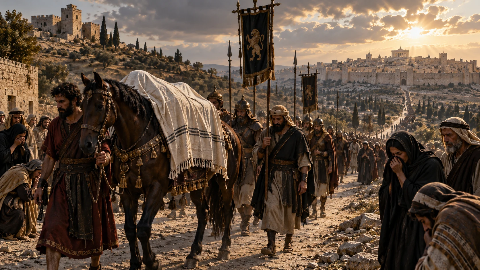A respectful horse-drawn funeral procession enters Jerusalem for Amaziah’s burial in the city of David; no body or wounds visible.