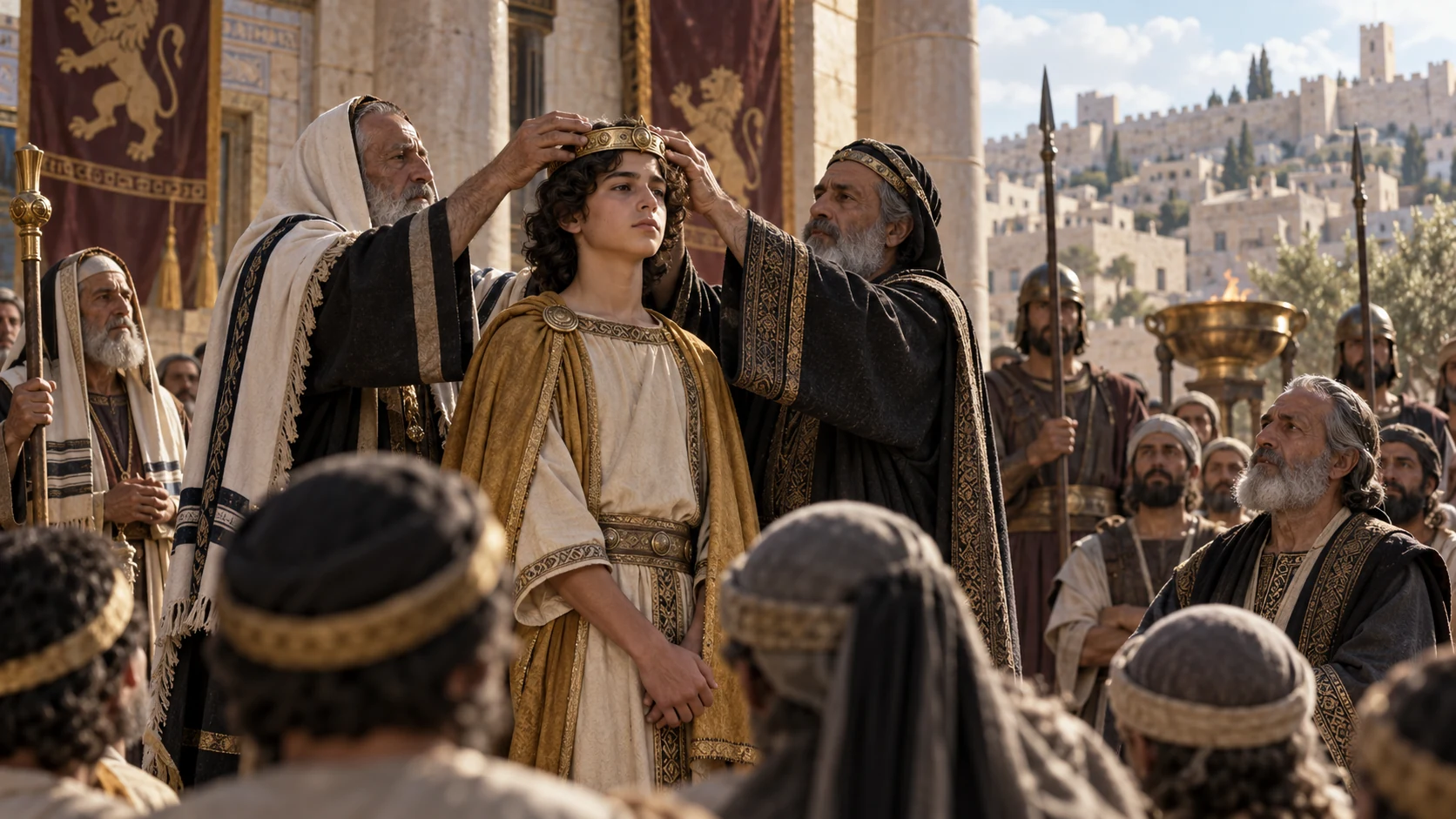 Sixteen-year-old Azariah of Judah in copper-brown and indigo receives the circlet before an assembled Jerusalem crowd, his youthful smooth face clear.
