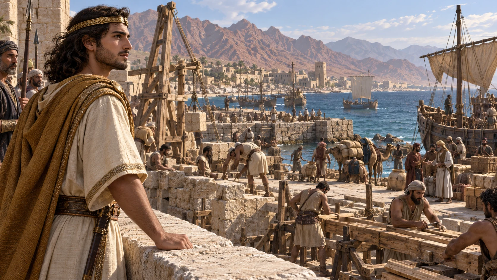 Azariah of Judah surveys builders repairing the port town of Elath near the gulf, masonry rising under desert light.