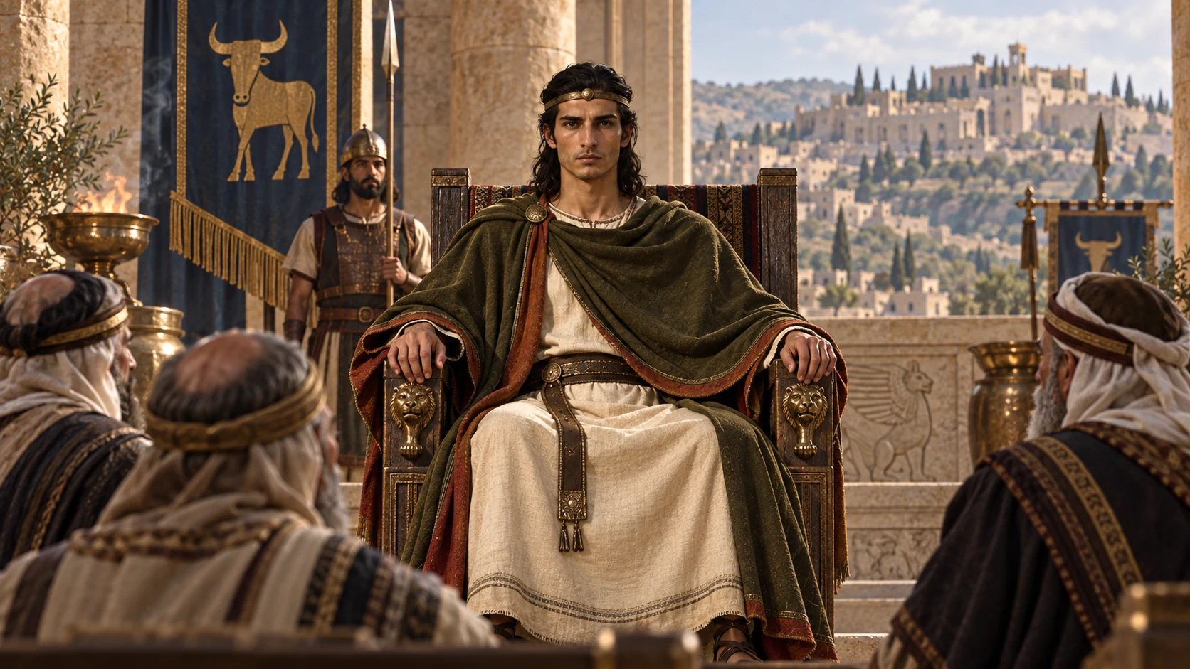 Jeroboam II in olive mantle takes formal command of Samaria’s throne; show a mature king beginning a long reign without numbers.