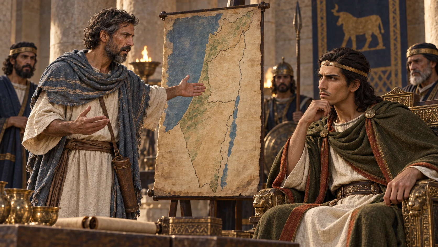 Jonah son of Amittai in faded sea-blue wrap delivers a scroll to Jeroboam II beside a map showing the northern border and the Sea of the Arabah; no readable labels.
