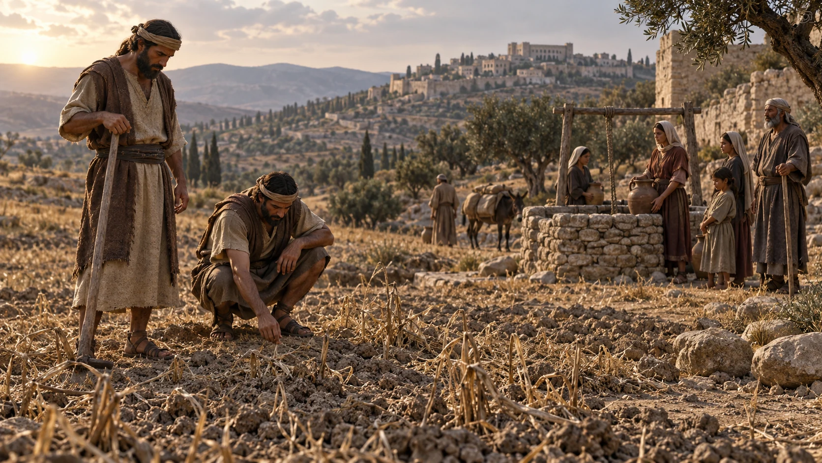 Israelite households endure scarcity and loss in a northern village, with people of different stations equally affected; no graphic harm.