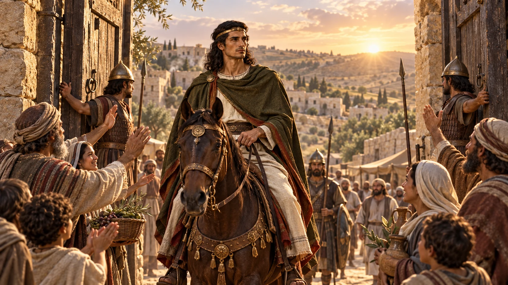 Jeroboam II stands at the open gate of a restored Israelite town as families return to ordinary life; mercy suggested by light, not a visible deity.