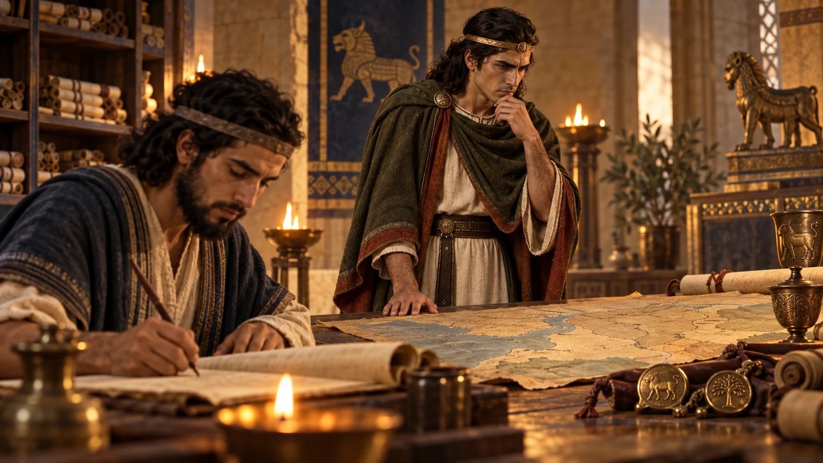 A Samarian scribe records Jeroboam II’s deeds beside a broad unlabeled regional map, with Damascus and Hamath only as distant symbolic city forms.