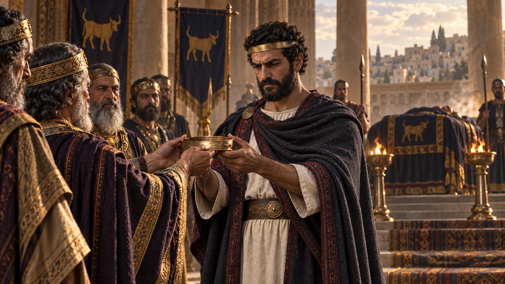 A closed royal tomb stands beyond Samaria’s court as mature Zechariah, cropped curls and charcoal-blue mantle, receives the Israelite circlet.