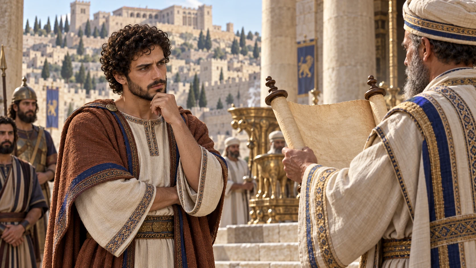 Amaziah listens to a Judean priest in a quiet temple courtyard, attentive but burdened, with the remembered throne of his father suggested by the palace beyond.