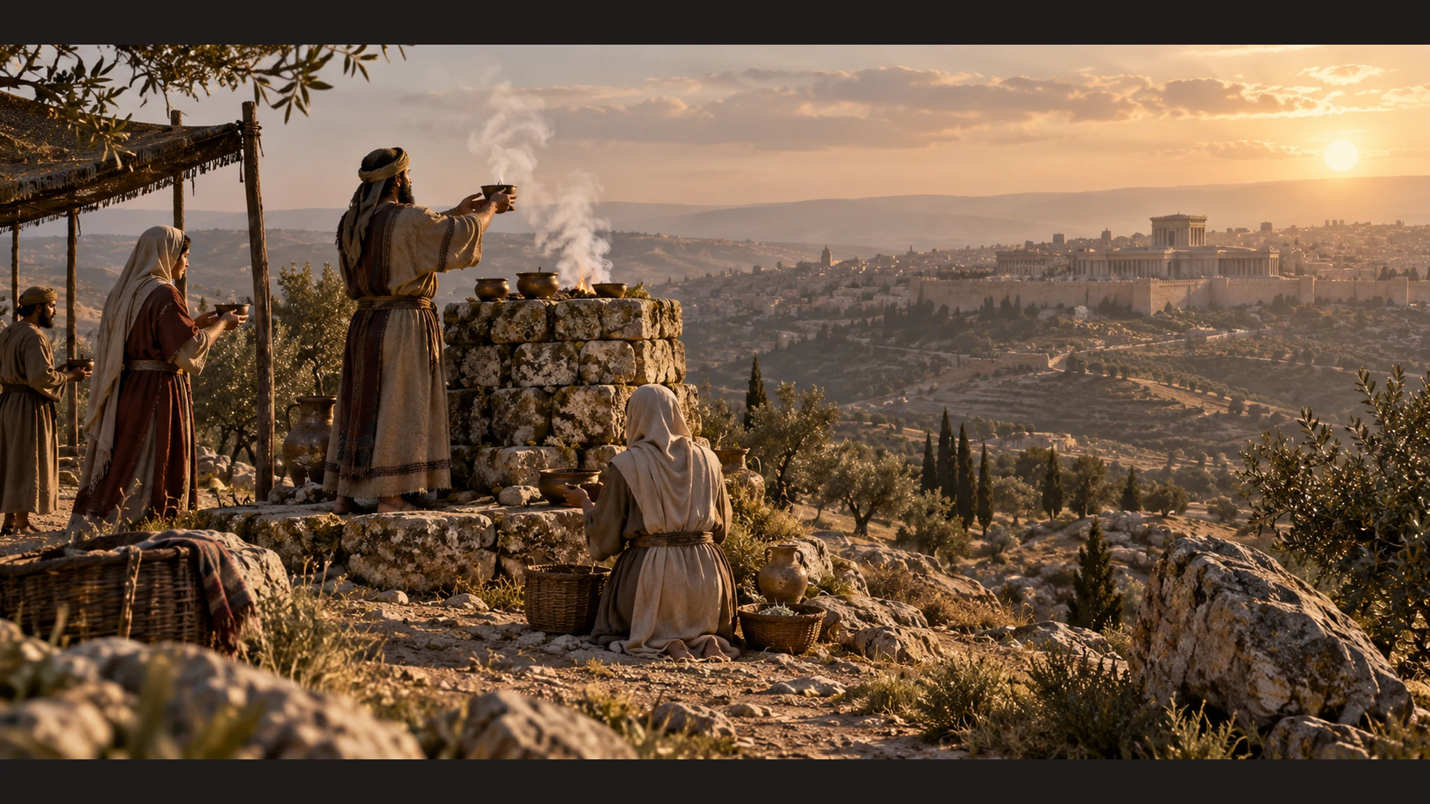 Judean villagers offer incense at an intact high-place stone altar on a ridge while Jerusalem lies far away; no demolition or caricature.