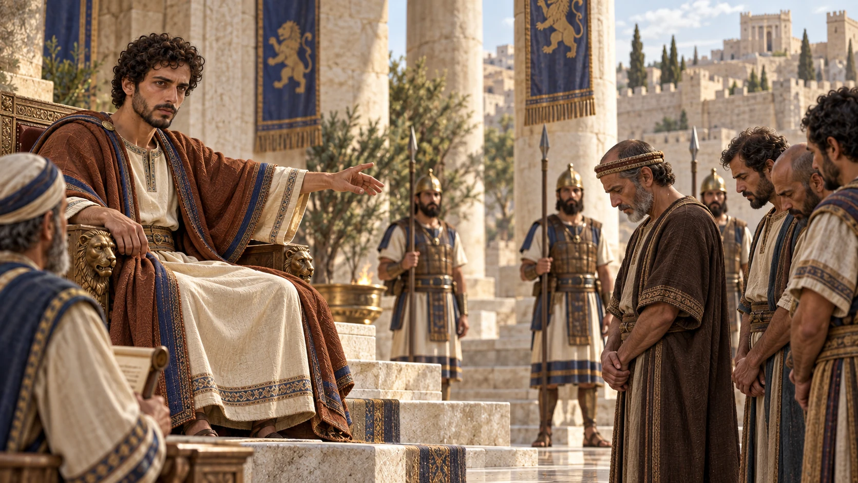 Amaziah in copper-brown mantle presides over the captured palace conspirators in a formal court, guards nearby, with no violence shown.