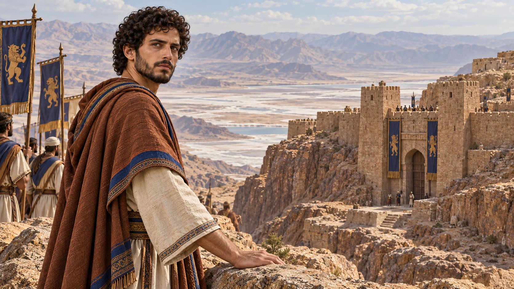 Amaziah overlooks the rocky stronghold of Sela above the salt valley after the campaign, Judean banners at its gate and no casualties depicted.