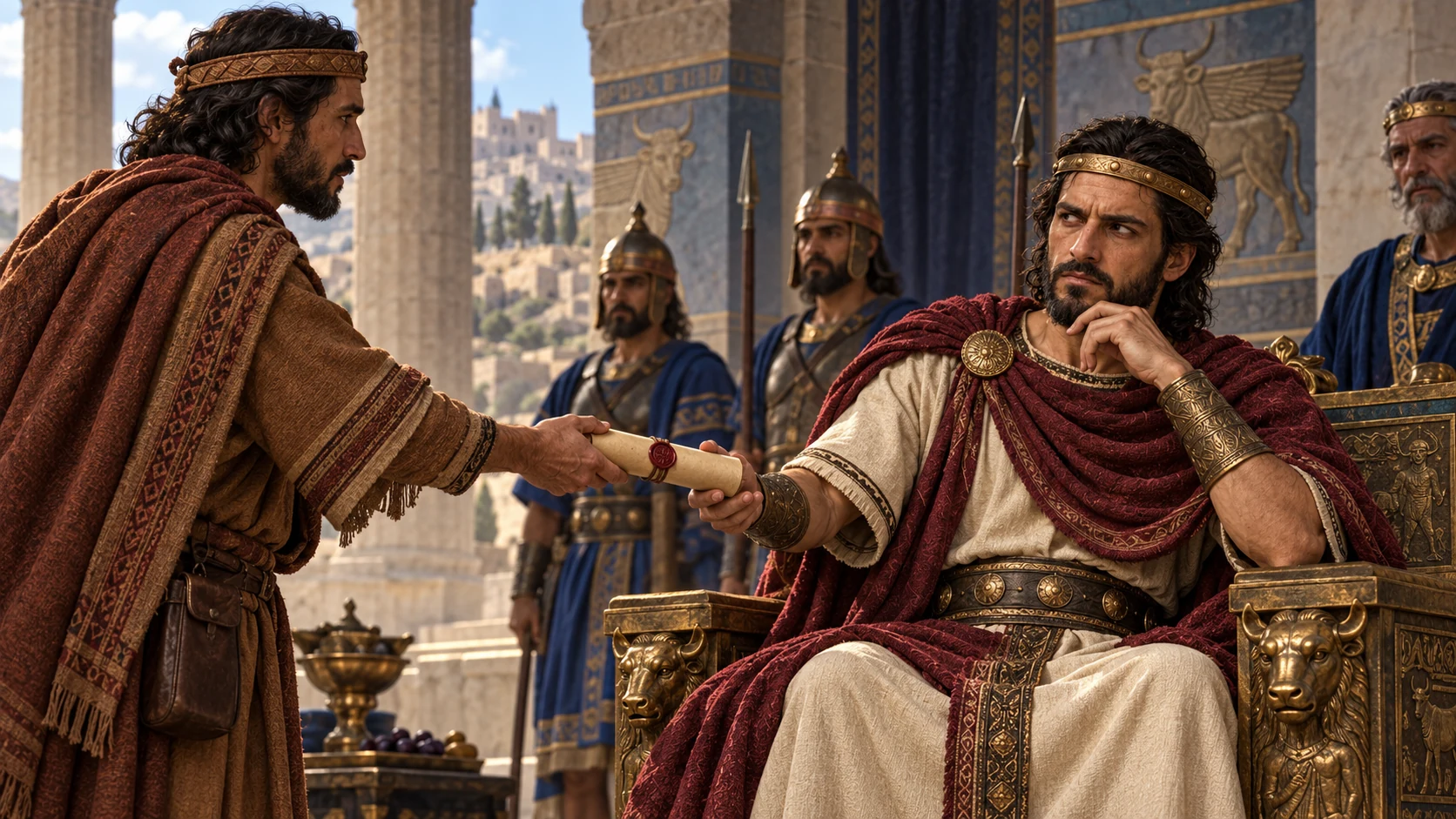 A Judean messenger bearing Amaziah’s sealed letter reaches Jehoash of Israel in his wine-red mantle at Samaria’s court; no readable text.