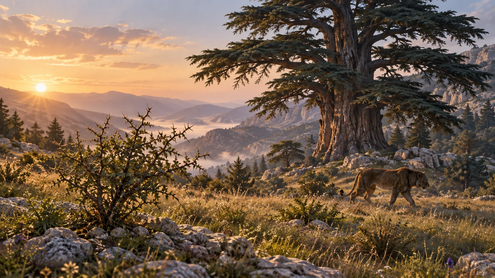 A symbolic inset-like landscape of a low thornbush beside a towering cedar in Lebanon, with a wild animal’s distant tracks; the fable is visualized without literal kings.