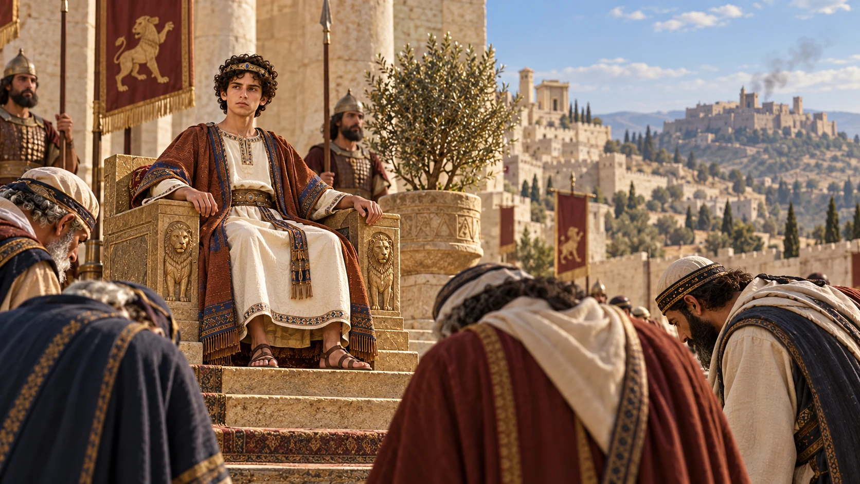 Sixteen-year-old Azariah, with the face and cream-and-ochre dress established in 2 Kings 14, stands before Judah's elders; a separate distant Samaria vignette suggests Jeroboam II.