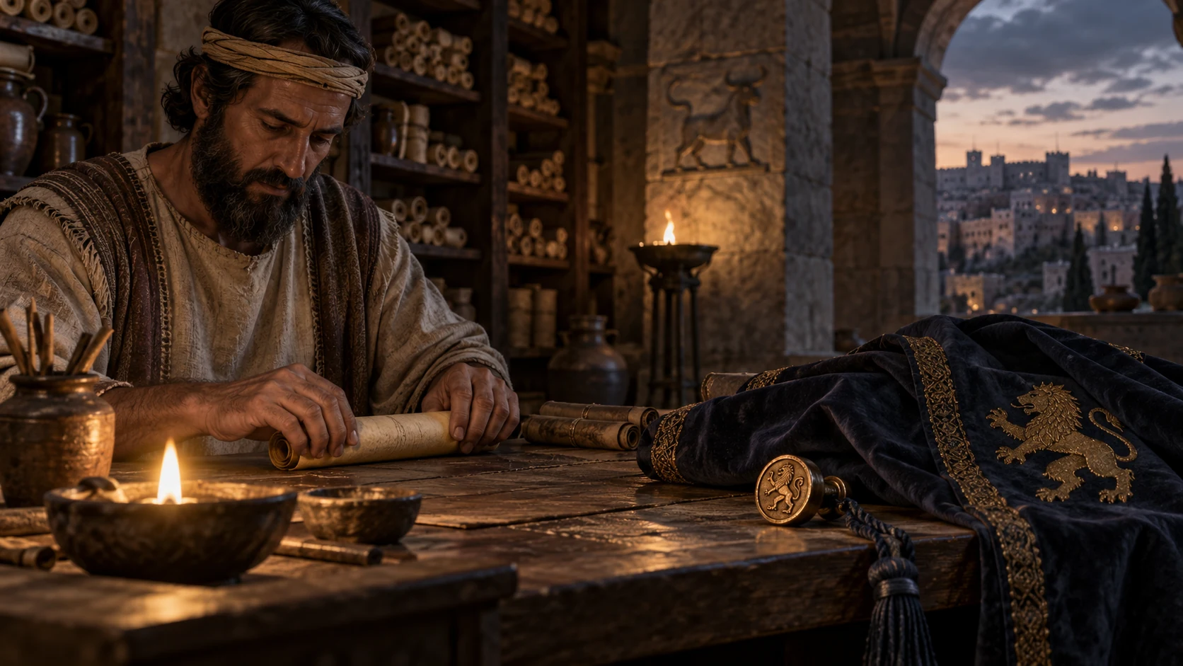 A scribe closes a scroll associated with Zechariah's short reign in the Samaria archive.